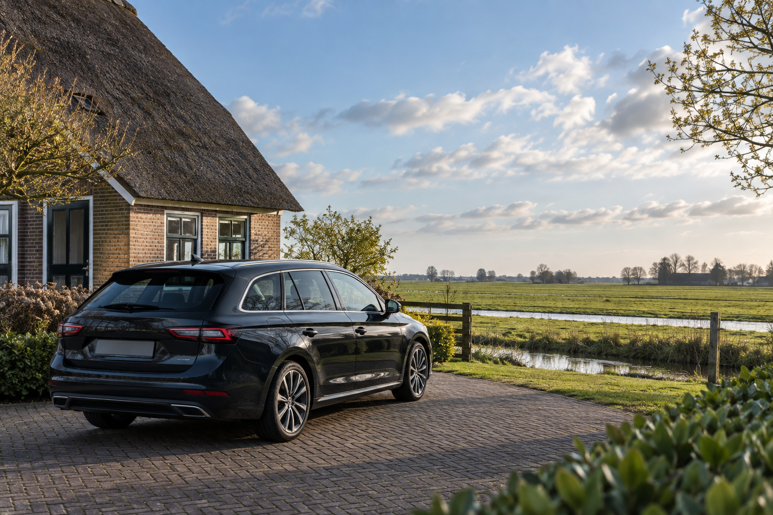 Auto bij een woning in een landelijk landschap