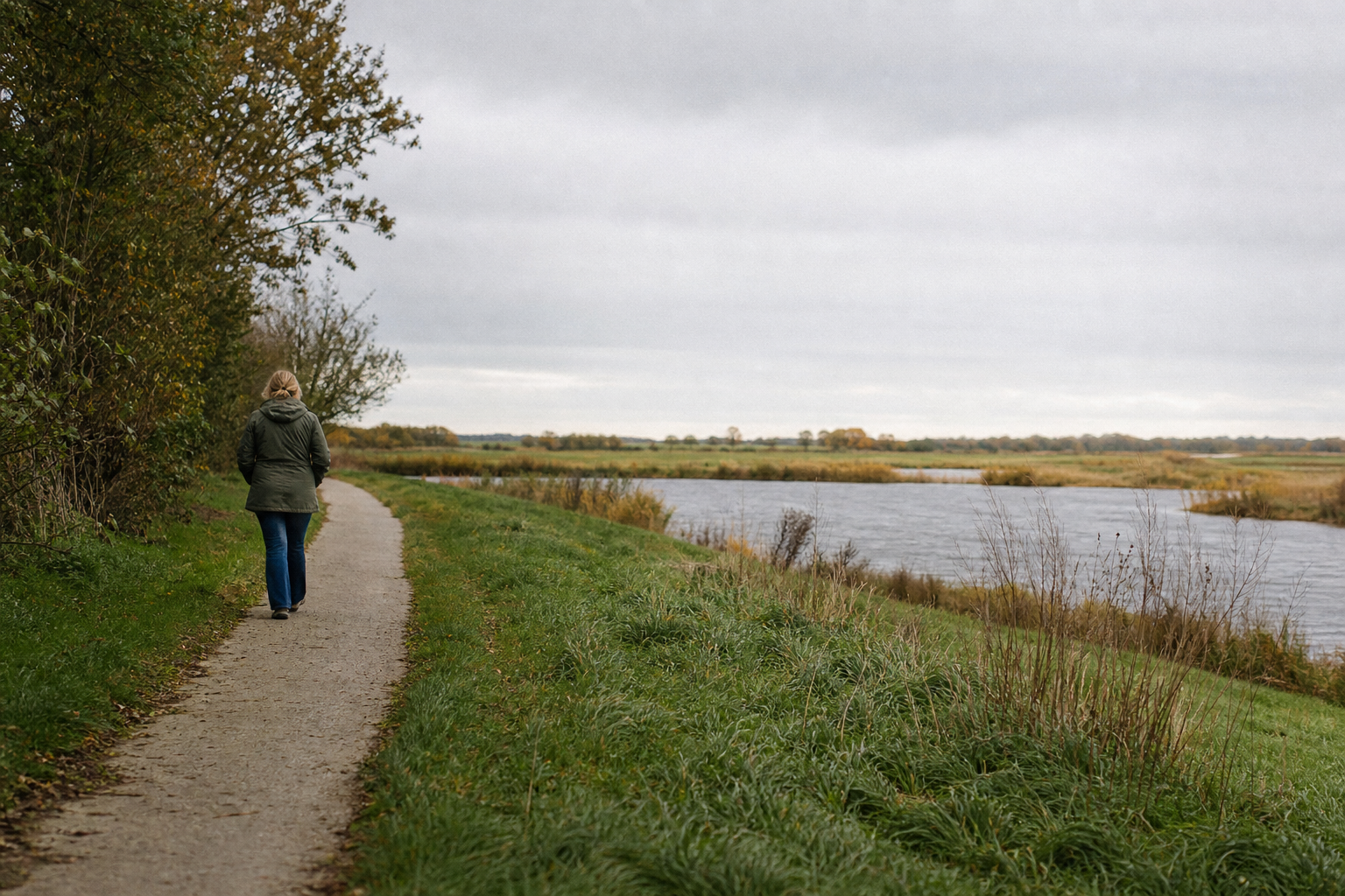 Wandelaar op een rustig pad langs water en grasland